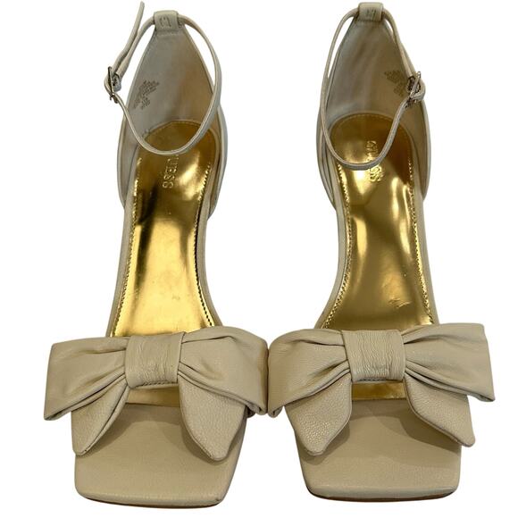 Guess Womens Sancia 8.5 Dress Sandals Heels Stilettos Cream Bows Ankle Strap - Picture 1 of 11
